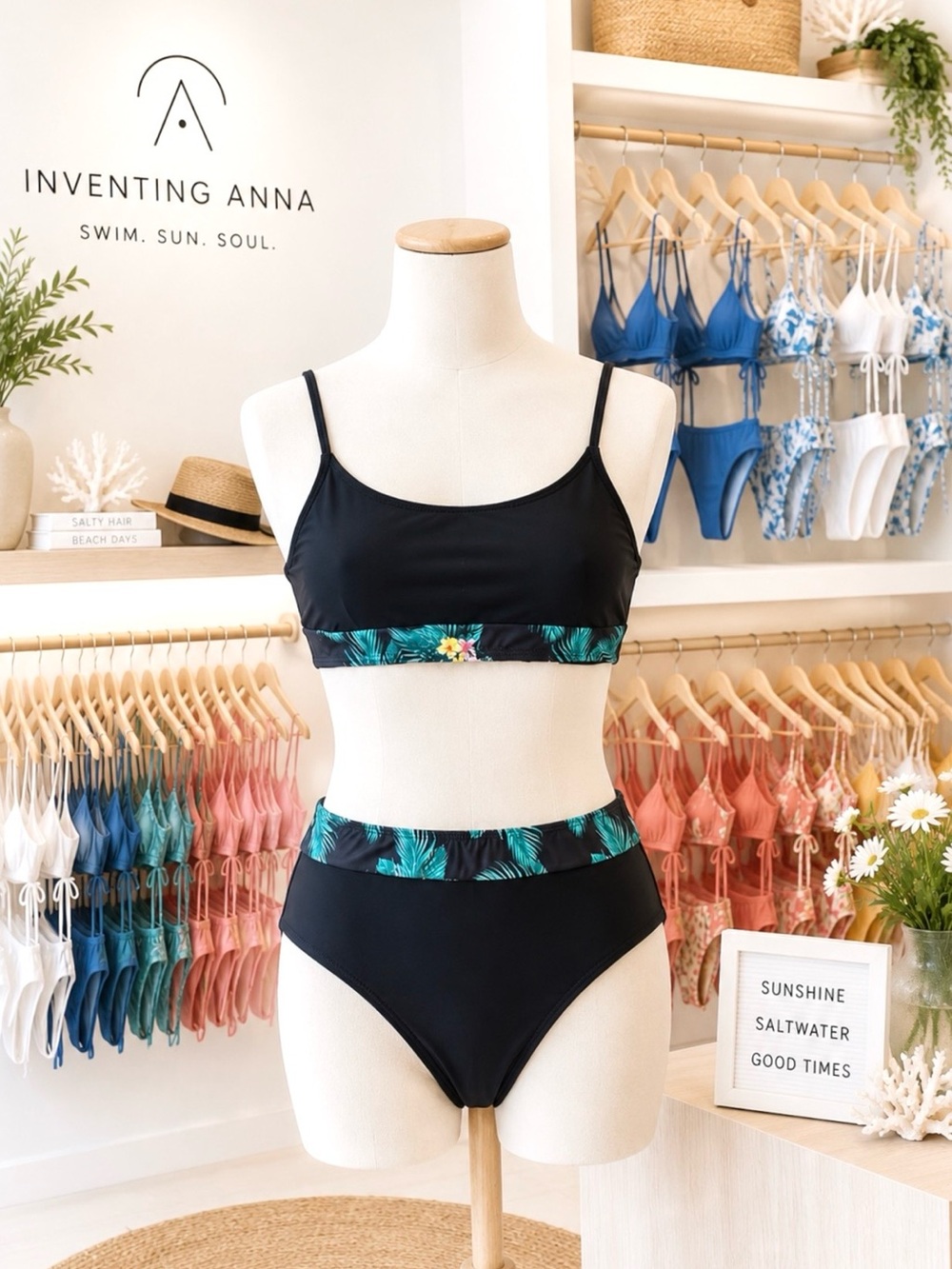 3-PIECE SWIM SET Black Bikini w/Tropical Print Adjustable Straps and Cover-Up